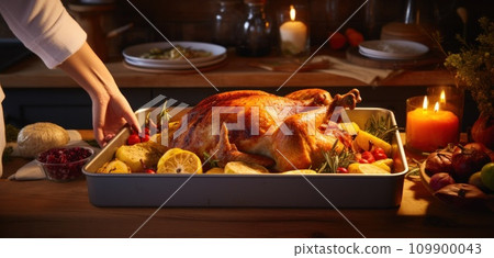 hands opening turkey on a wooden baking tray in a kitchen hands opening turkey on a wooden baking tray in a kitchen 109900043