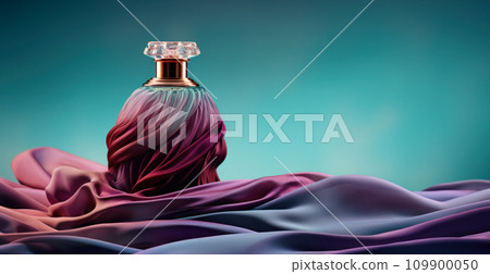 an elegant perfume bottle on light blue background with pink hair an elegant perfume bottle on light blue background with pink hair 109900050