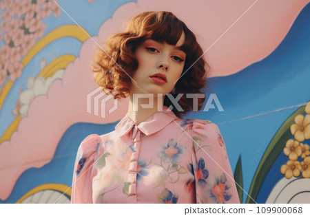 floral dress poses for a portrait in front of a pink wall floral dress poses for a portrait in front of a pink wall 109900068