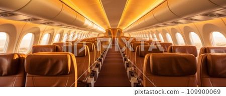 an airplane interior with several rows of seating an airplane interior with several rows of seating 109900069