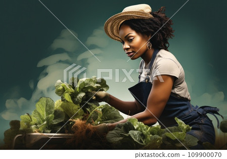black woman in gardening gloves plowing plants black woman in gardening gloves plowing plants 109900070