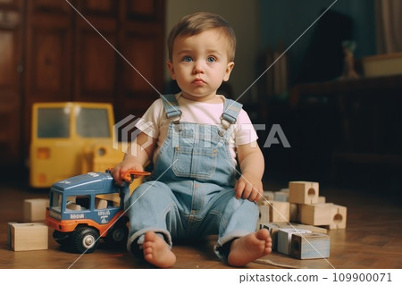 a toddler in overalls sits on blocks and a toy car a toddler in overalls sits on blocks and a toy car 109900071