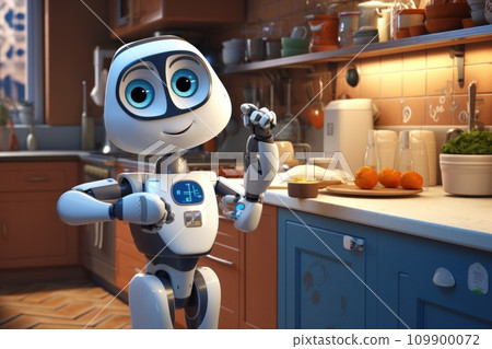 an image of a robot standing in front of the kitchen an image of a robot standing in front of the kitchen 109900072