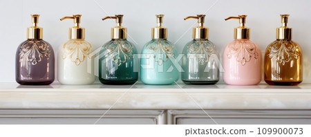 bottle of soap on a shelf in bathroom 109900073