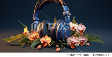 headphones and microphones with an orchid print on a background headphones and microphones with an orchid print on a background 109900074