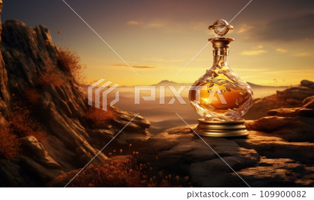 an opulent golden bottle resting on a rock at sunset an opulent golden bottle resting on a rock at sunset 109900082