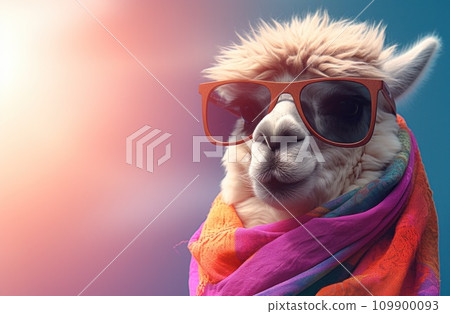 alpaca wearing sunglasses playing with a scarf alpaca wearing sunglasses playing with a scarf 109900093