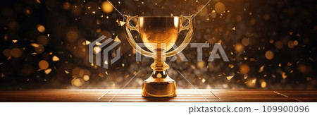 gold trophy with glowing effects on wooden table gold trophy with glowing effects on wooden table 109900096