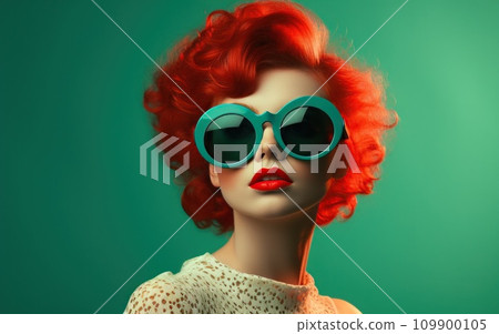 elegant female young woman in sunglasses on green background 109900105