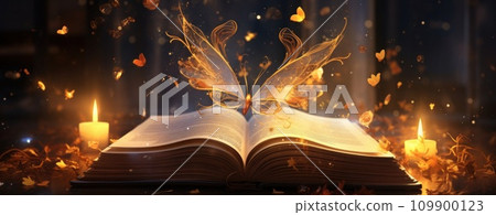 book, candle, butterfly and magic lights with a book 109900123