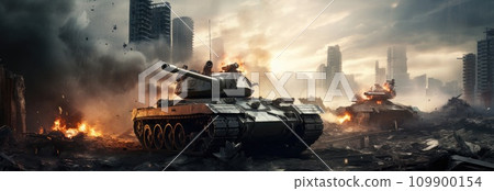 a tank drives on a city with buildings a tank drives on a city with buildings 109900154