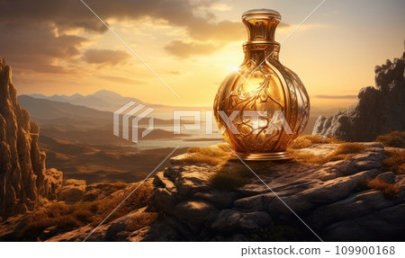 an opulent golden bottle resting on a rock at sunset an opulent golden bottle resting on a rock at sunset 109900168