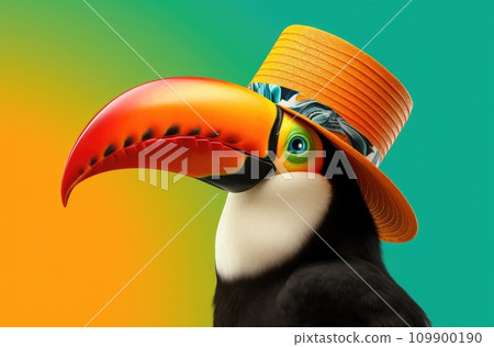 a toucan is wearing a party hat in an orange background 109900190