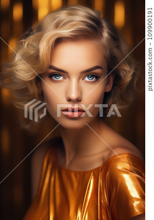 a woman wearing a golden dress 109900191