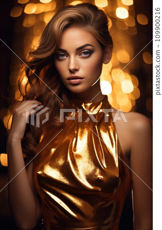a woman wearing a golden dress 109900216