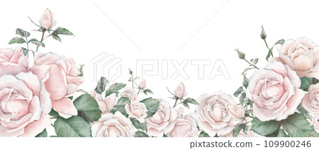 Watercolor frame illustration white cream rose and green leaves isolated on white background. Border hand painted natural plant twigs with light peach fuzz color roses rose for design Watercolor frame illustration white cream rose and green leaves isolated on white background. Border hand painted natural plant twigs with light peach fuzz color roses rose for design 109900246