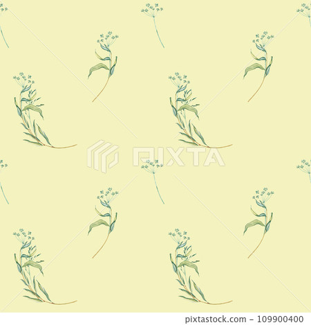 Watercolor seamless pattern of bouquet meadow leaves grass and yellow tansy, flowers, branches and wild dry grass. Nature landscape grass field in nature, meadow in springtime. Botany green tones Watercolor seamless pattern of bouquet meadow leaves grass and yellow tansy, flowers, branches and wild dry grass. Nature landscape grass field in nature, meadow in springtime. Botany green tones 109900400