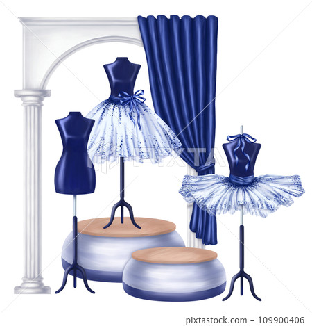 Blue ballet dance tutus, stage costumes. A skirt worn on a mannequin. A theatrical backstage, a shop window, an atelier, an outfit for a fashion show and a masquerade. Digital isolated illustration Blue ballet dance tutus, stage costumes. A skirt worn on a mannequin. A theatrical backstage, a shop window, an atelier, an outfit for a fashion show and a masquerade. Digital isolated illustration 109900406
