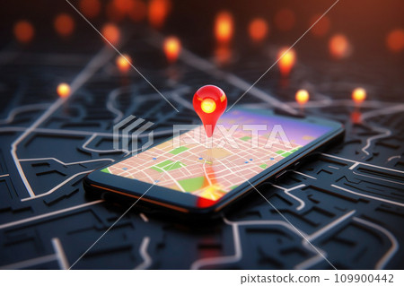 Navigation system route with panoramic city background Navigation system route with panoramic city background 109900442