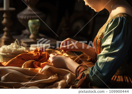 Woman sewing. Female tailor hands with needle 109900444
