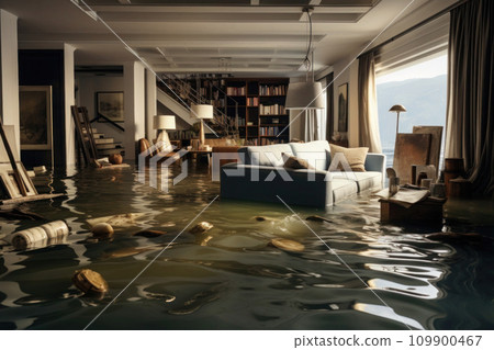 Flooded living room in residential house. Generative AI 109900467