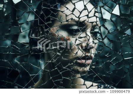 Face looking through shattered mirror. Generative AI 109900479