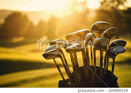 The Golf club bag for golfer training and play in game with golf course background , green tree sun rays. The Golf club bag for golfer training and play in game with golf course background , green tree sun rays. 109900539