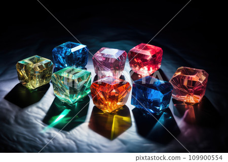 Jewel or gems on black shine color, Collection of many different natural gemstones amethyst, lapis lazuli, rose quartz, citrine, ruby, amazonite, moonstone, labradorite, chalcedony, blue topaz 109900554