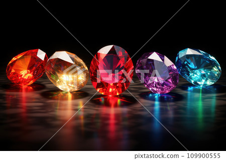 Jewel or gems on black shine color, Collection of many different natural gemstones amethyst, lapis lazuli, rose quartz, citrine, ruby, amazonite, moonstone, labradorite, chalcedony, blue topaz 109900555