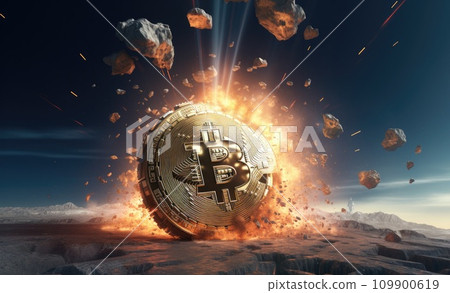 a bitcoin is starting to fall and a space ship is shin 109900619