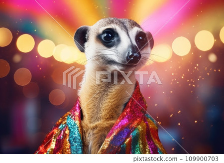 a meerkat in a yellow and purple outfit 109900703