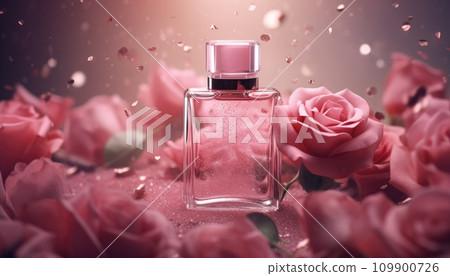 a bottle of cologne with rose flowers and dust a bottle of cologne with rose flowers and dust 109900726