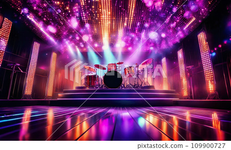 80s disco concept. Disco ball in neon lighting on podium or stage with drum set 80s disco concept. Disco ball in neon lighting on podium or stage with drum set 109900727