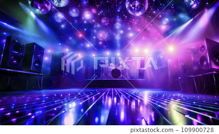 80s disco concept. Disco ball in neon lighting on podium or stage with drum set 80s disco concept. Disco ball in neon lighting on podium or stage with drum set 109900728