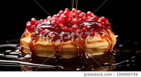 a pastry with pomegranate on top of it with a drip of golden liquid 109900748