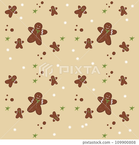 Seamless pattern cute christmas gingerbread man in flat style isolated on beige background. Ginger cookie icon. Seamless pattern cute christmas gingerbread man in flat style isolated on beige background. Ginger cookie icon. 109900808