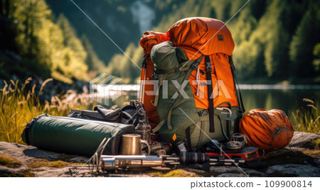 Camping backpack, elements and equipment in a forest lawn 109900814