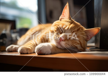 Red tabby cat sleepy on table, sweet dream 109900844