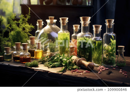 Herbal medicine concept. Dry natural ingredients and remedy bottle on the wooden table background. Witchcraft 109900846