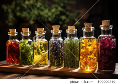 Herbal medicine concept. Dry natural ingredients and remedy bottle on the wooden table background. Witchcraft Herbal medicine concept. Dry natural ingredients and remedy bottle on the wooden table background. Witchcraft 109900849