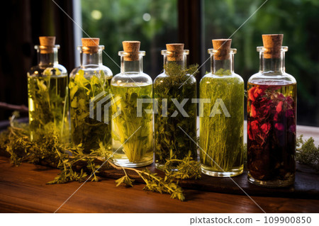 Herbal medicine concept. Dry natural ingredients and remedy bottle on the wooden table background. Witchcraft 109900850