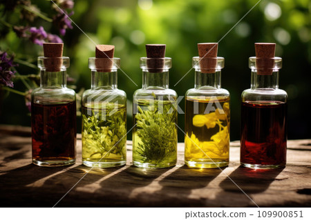 Herbal medicine concept. Dry natural ingredients and remedy bottle on the wooden table background. Witchcraft 109900851