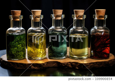 Herbal medicine concept. Dry natural ingredients and remedy bottle on the wooden table background. Witchcraft 109900854