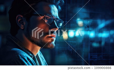 Close up of Handsome Businessman wearing glasses looking at pc screen using a desktop computer working at night in the office. Business Graph and chart reflection in his eyeglasses. Close up of Handsome Businessman wearing glasses looking at pc screen using a desktop computer working at night in the office. Business Graph and chart reflection in his eyeglasses. 109900866