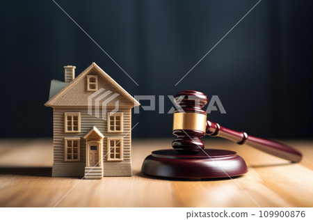 Judge gavel and house key on wooden background. Estate law concept 109900876
