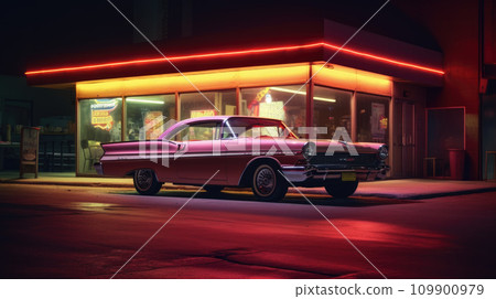 American vintage classic car in front of a dinner with neon signboard 109900979