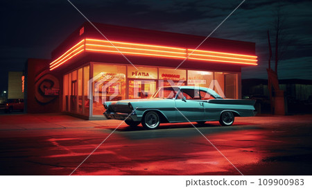 American vintage classic car in front of a dinner with neon signboard 109900983