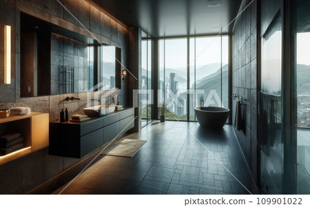 Big window with cityscape in modern black bathroom interior 109901022
