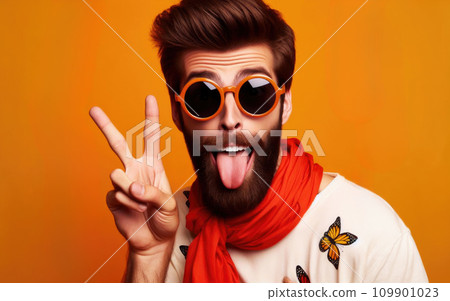 Young bearded hipster in sunglasses on orange background 109901023