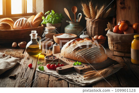 Wooden rustic table in wheat flour and board with freshly baked sourdough bread loaf 109901128